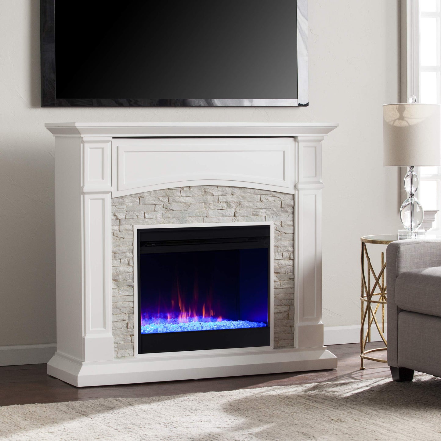 Sei Furniture Seneca Faux Stone Color Changing Electric Hidden Media Shelf 45.75 Fireplace, Traditional Style W/Remote Controlle