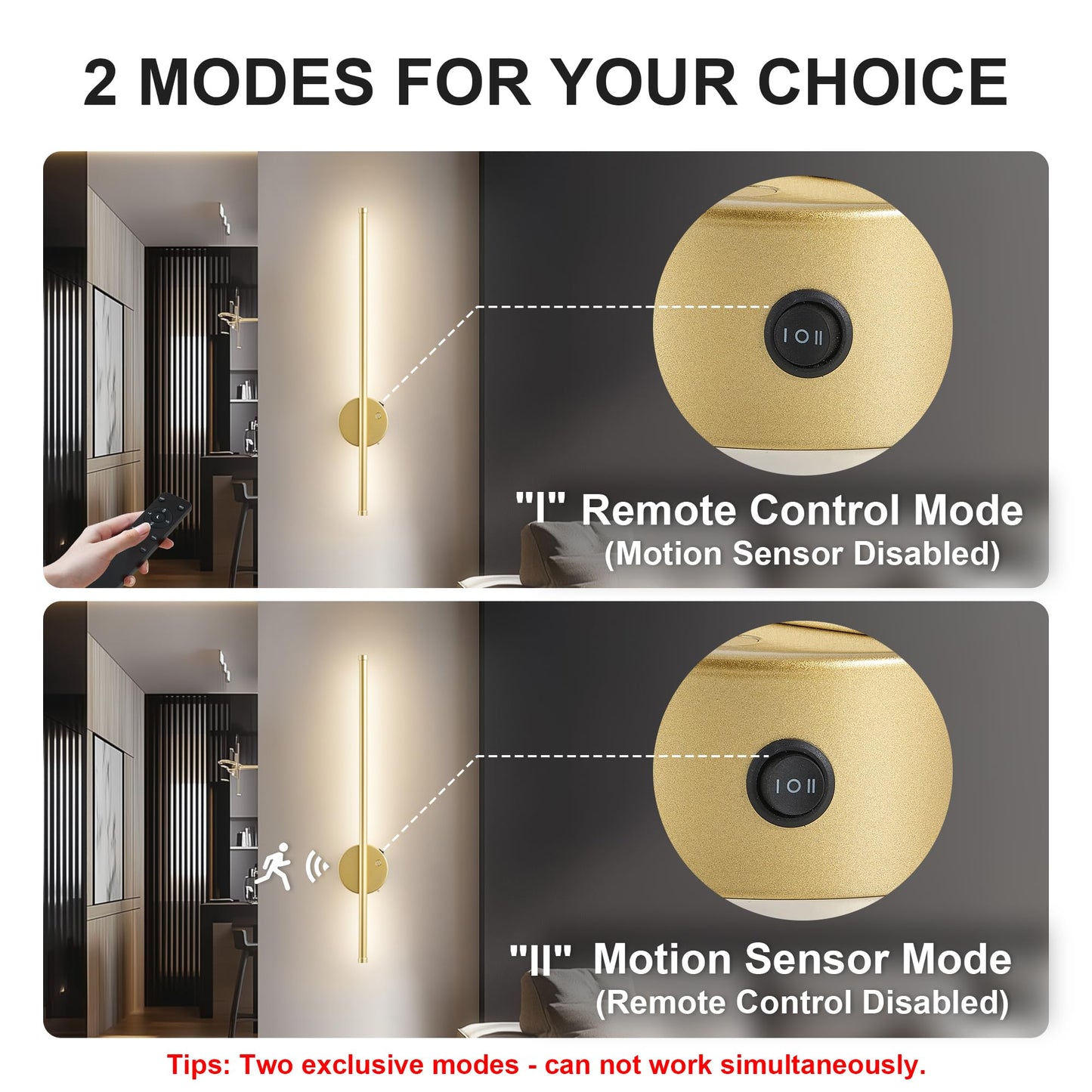 Motion Sensor Battery Operated Wall Sconce Set Of Two - Modern Rechargeable Wireless Wall Lights With Remote Control  Dimmable  3000K/4000K/6000K  Timer For Living Room  Hallway 23.6 Inch  Gold