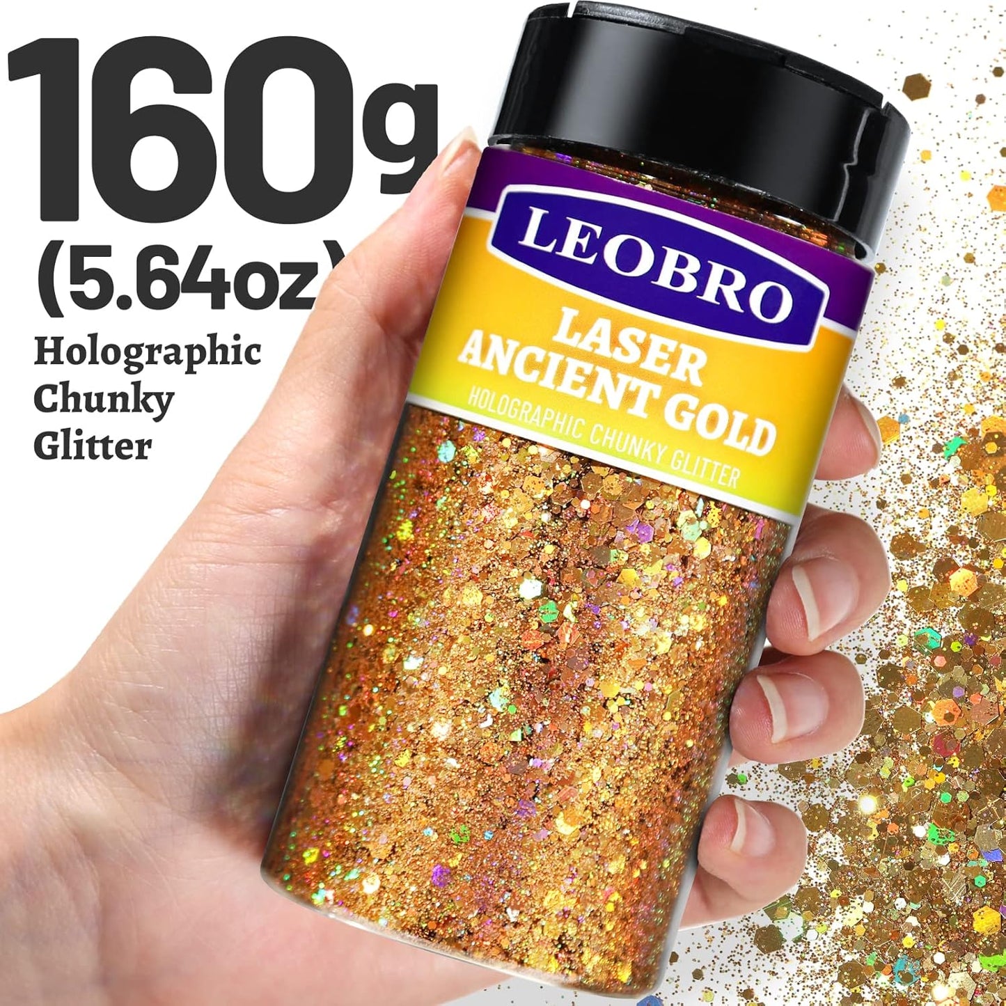 LEOBRO Ancient Gold Glitter, 160g/5.64oz Holographic Chunky Glitter for Crafts, Resin, Nail Body, Tumblers, Party Decorations