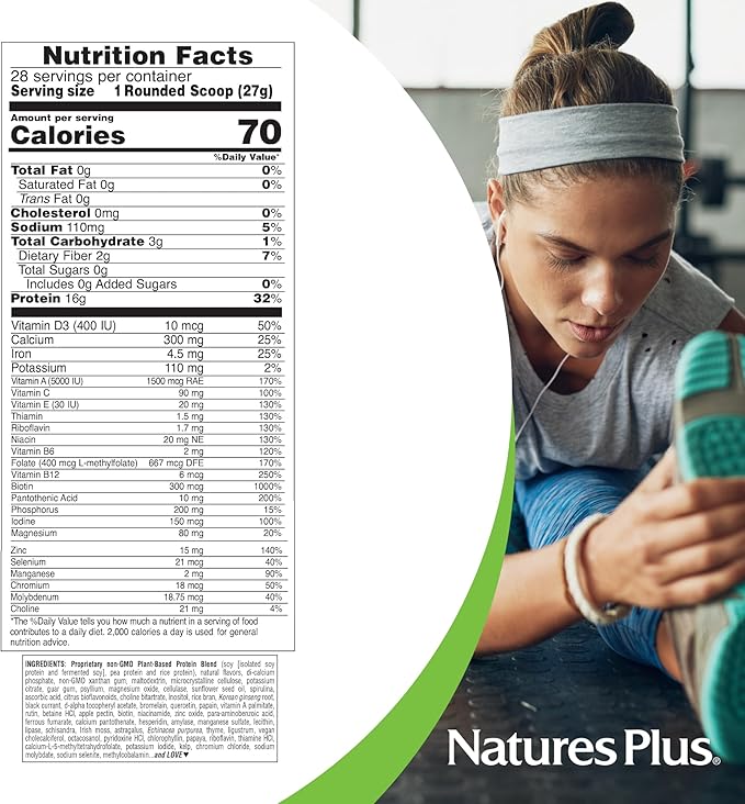 Natures Plus Energy Shake - 1.7 lb - 16 Grams of Plant-Based Protein Per Serving - Contains Digestion-Supporting Enzymes - No Added Sugar - Non-GMO, Vegetarian, Gluten Free - 28 Servings