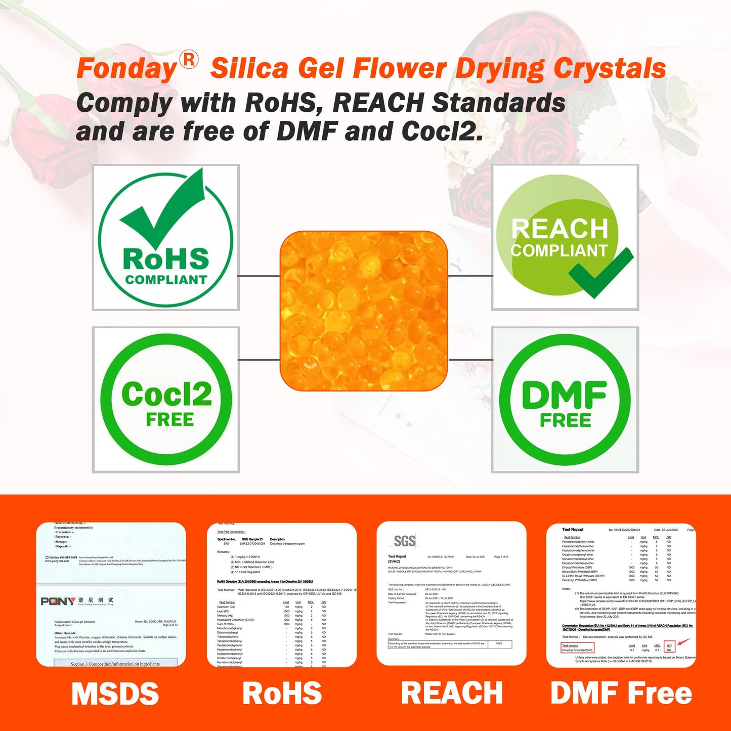 2LB Fonday Premium Moisture Indicating Silica Gel Desiccant Orange to Green Rechargeable Industry Standard Bead Size 3 to 5mm