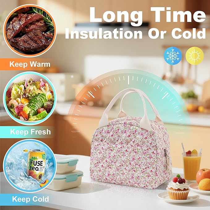 Lunch Bag for Women Insulated Lunch Box Reusable Cooler Bag Portable Cute Floral Quilted Cotton Bag Leakproof Tote Bags for Travel, Work, and Picnic, Spring Meadow