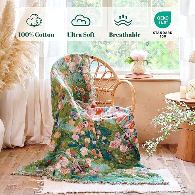 MSGKV Boho Throw Blanket for Bed Cotton Floral Twin Size Couch Blanket 60"x80" Muslin Breathable Lightweight Farmhouse Blankets All Seasons