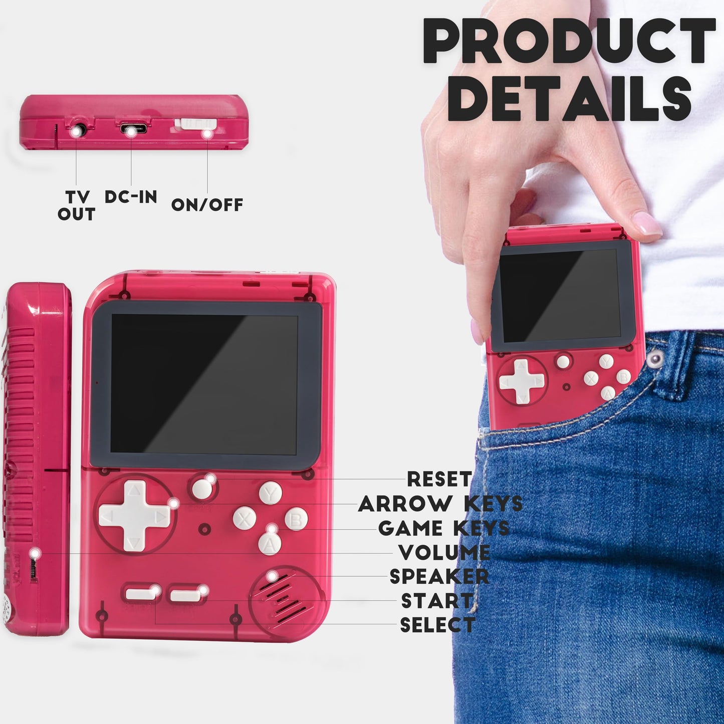 Retro Handheld Game Console,Portable Video Game Console with 256 Classic Games, 3.0 inches HD Screen, Support TV & Two Players Present for Adults Red