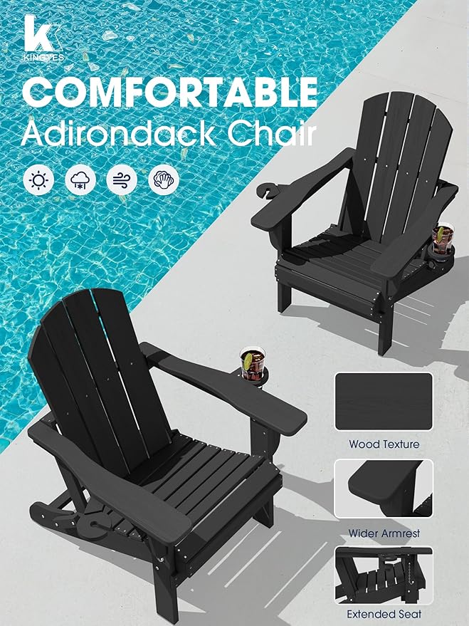 KINGYES Folding Adirondack Chair Set of 6, Dual Cup Holders & All-Weather HDPE, Wood-Like Patio Chair for Backyard, Camping, Pool & Fire Pit, Black