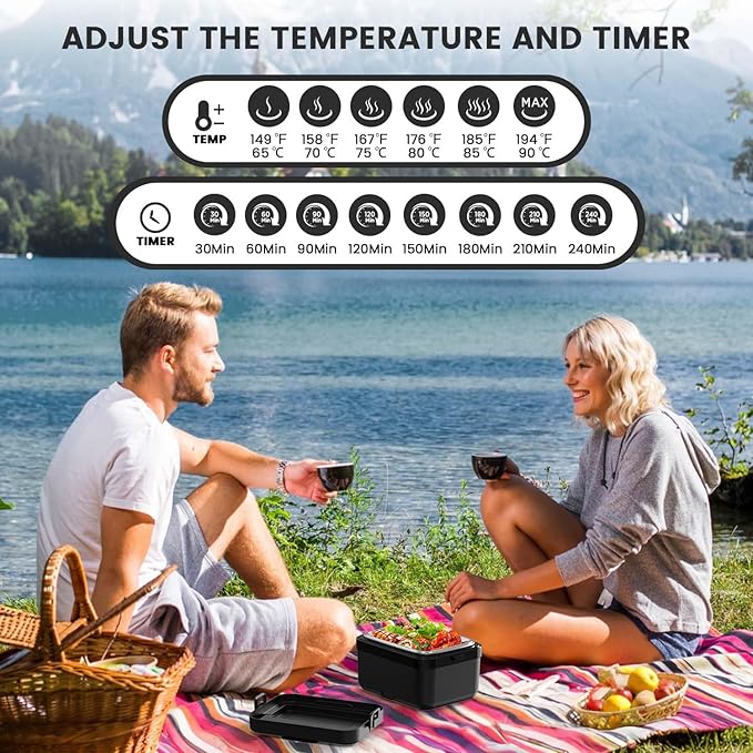Electric Lunch Box - Rechargeable 75W Self-Heating Food Warmer with 6.3 Cups(1.5L) Stainless Steel Container, Heated Lunch Box For Office, Picnic, Car & Outdoor Use(Black)