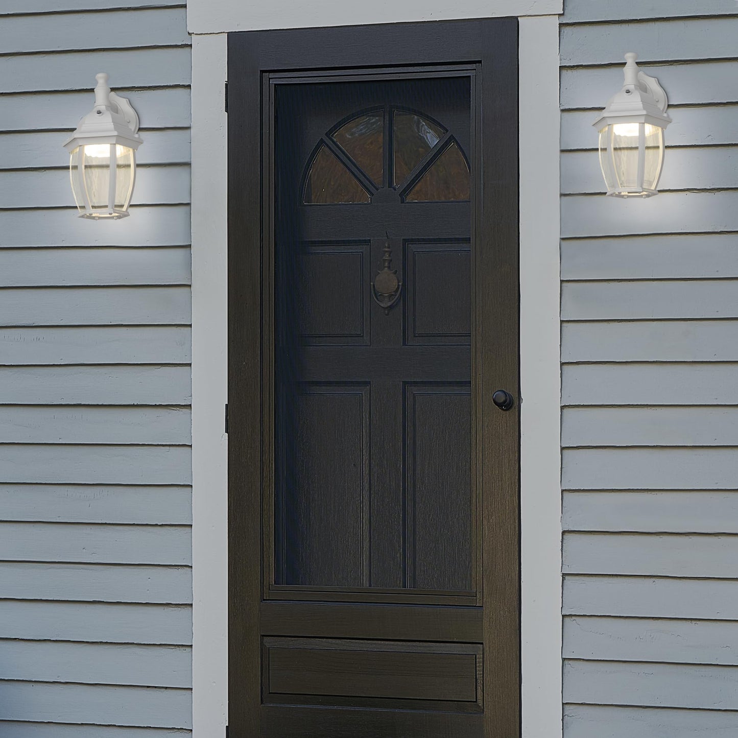 Maxxima Led Outdoor Wall Light, 3000K Warm White, Dusk To Dawn Sensor, White, Model Mel-6150Ww, Clear Water Glass, 580 Lumens