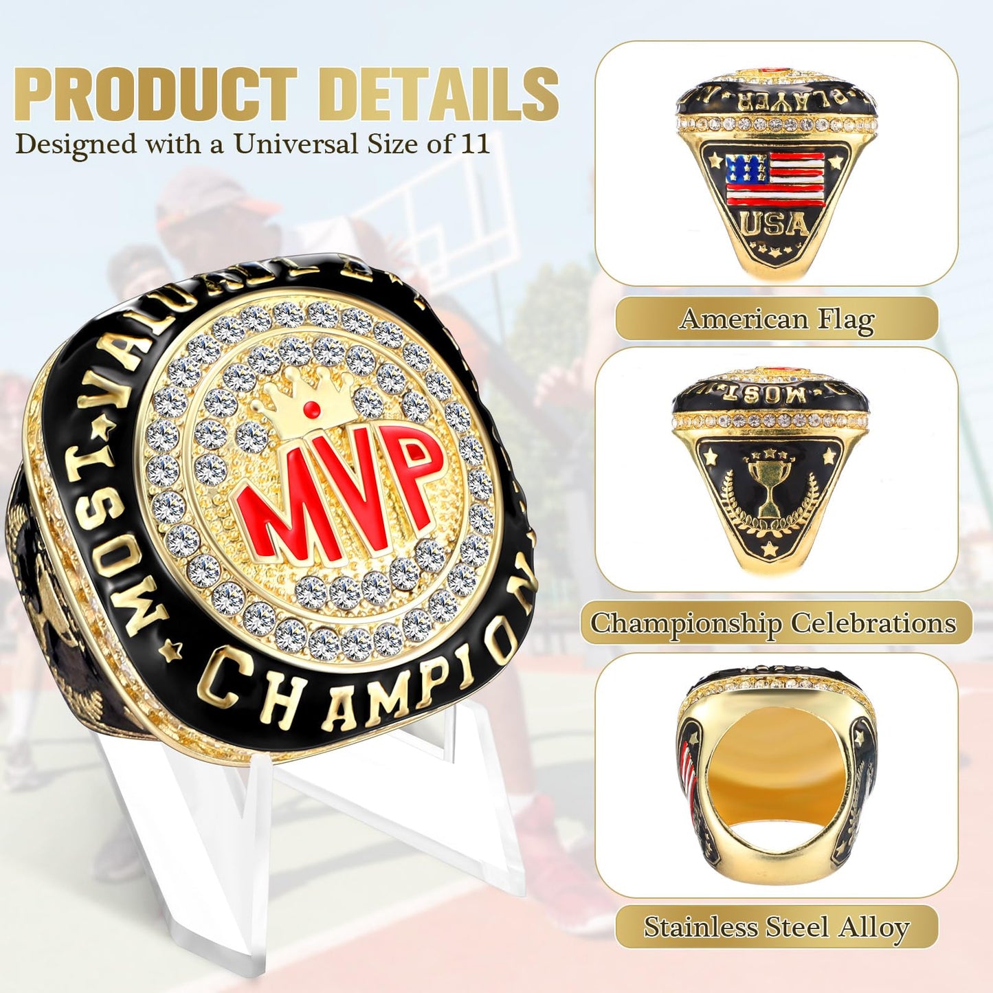 Misdary MVP Championship Rings with Holder Most Valuable Player Greatest of All Time Gold Ring Award Gift Sports Team Prize for