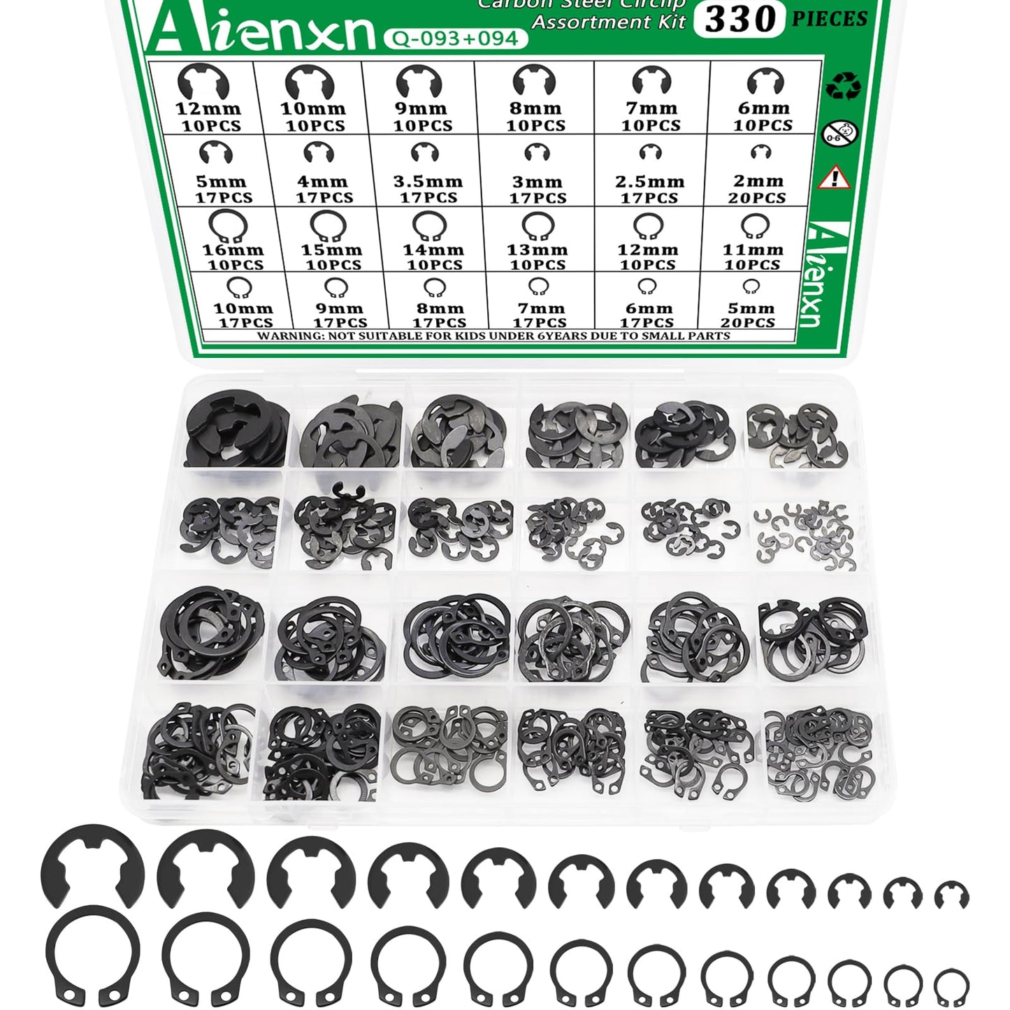 Aienxn 330PCS Snap Rings Assortment Kit, E Clips Assortment Kit (2MM-12MM) and C Clips Assortment Kit (5MM-16MM), 24 Sizes External Retaining Rings Carbon Steel Circlip Snap Ring Kit