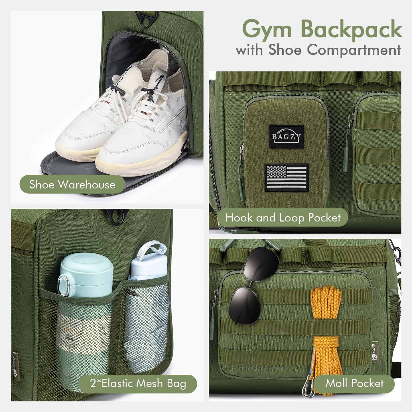 BAGZY Tactical Gym Bags for Men 3 In 1 Travel Duffle Bag 40L with Shoe Compartment Travel Backpack Fitness Weekender Deployment with 1pcs Tactical Toiletry Bag Green