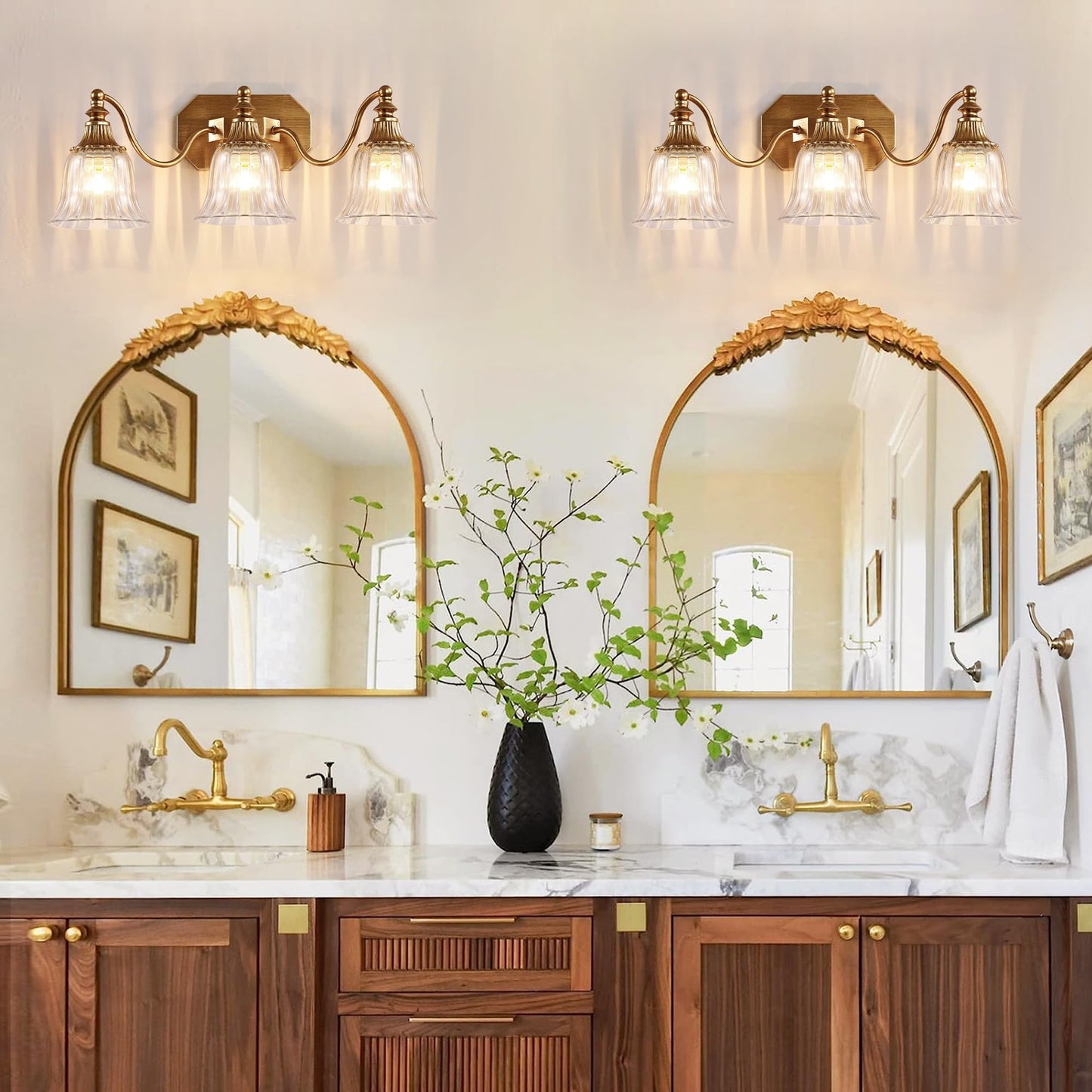 Dvmteom Gold Vintage Bathroom Light Fixtures  3-Lights Bathroom Vanity Light  Antique Brushed Gold Lighting Fixtures Over Mirror With Crystal Glass Shade  Wall Sconce Lighting