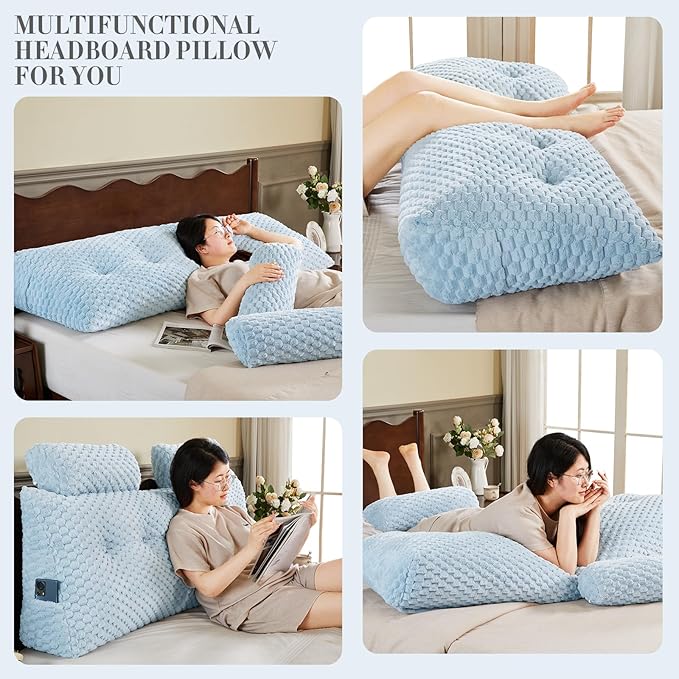 Wedge Headboard Pillow - Bed Wedge Pillow for Headboard Triangular Headboard Pillow with Neck Roll Pillow-Large Bolster Pillow for Sitting in Bed Backrest Positioning Support (Blue,59x8x20 Inches)