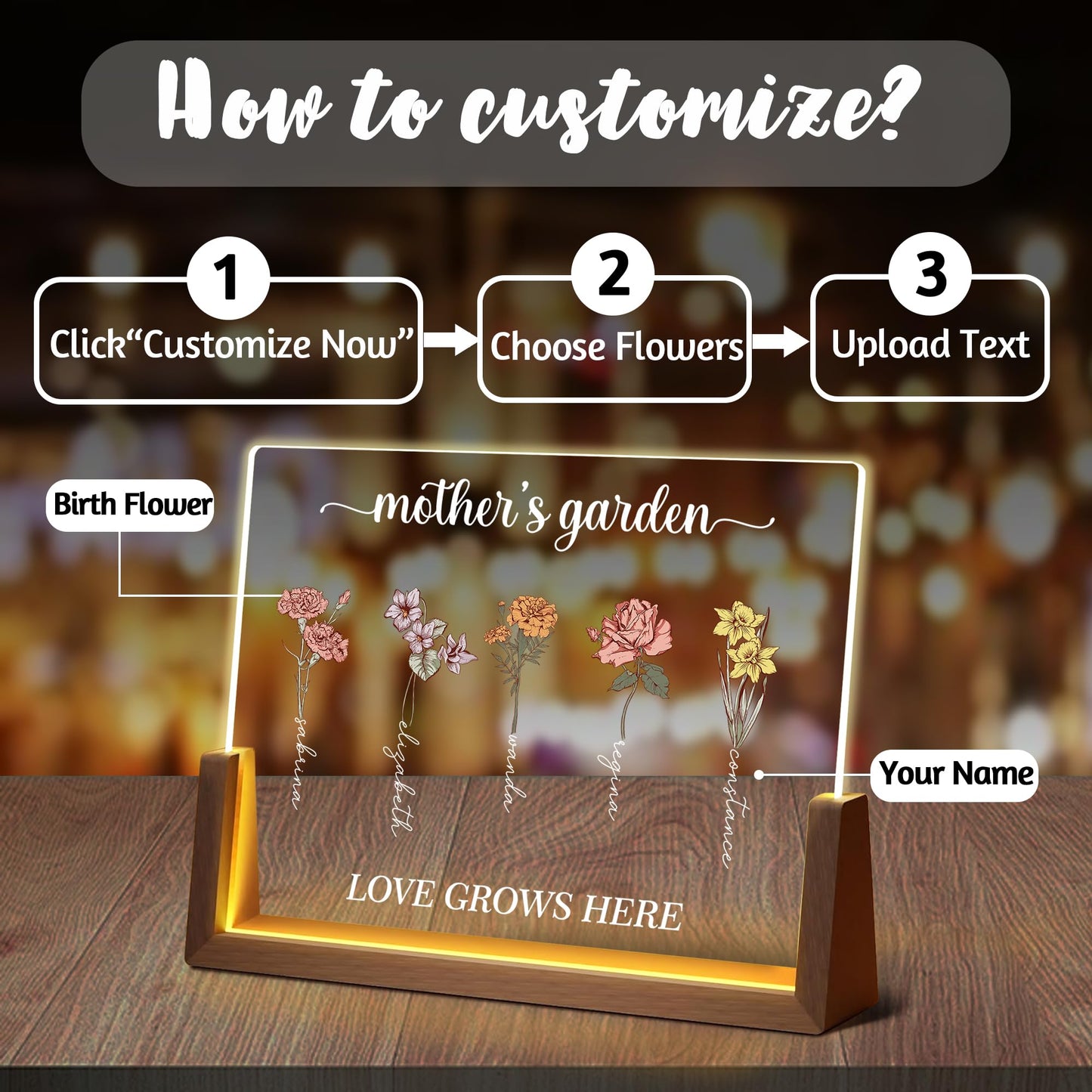 Personalized Mothers Day Birthday Gifts For Mom Grandma Wife  Custom Birth Flower Mothers Garden Led Acrylic Plaque Night Light With Name  Customized Mom Christmas Gifts From Daughter Son Husband