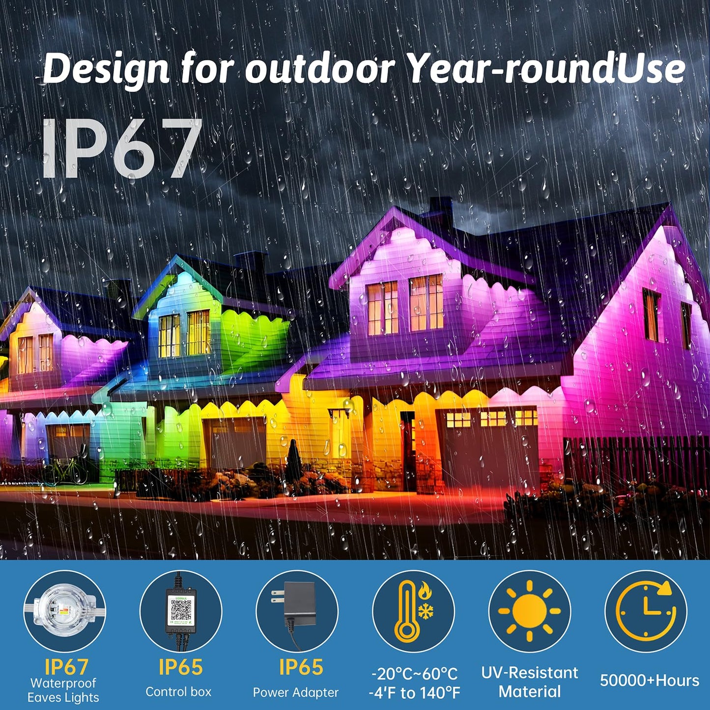 Logriw RGB Outdoor LED Lights, 50FT, IP67 Waterproof, Smart App/Remote Control, Multicolor, Model RFKJ0015