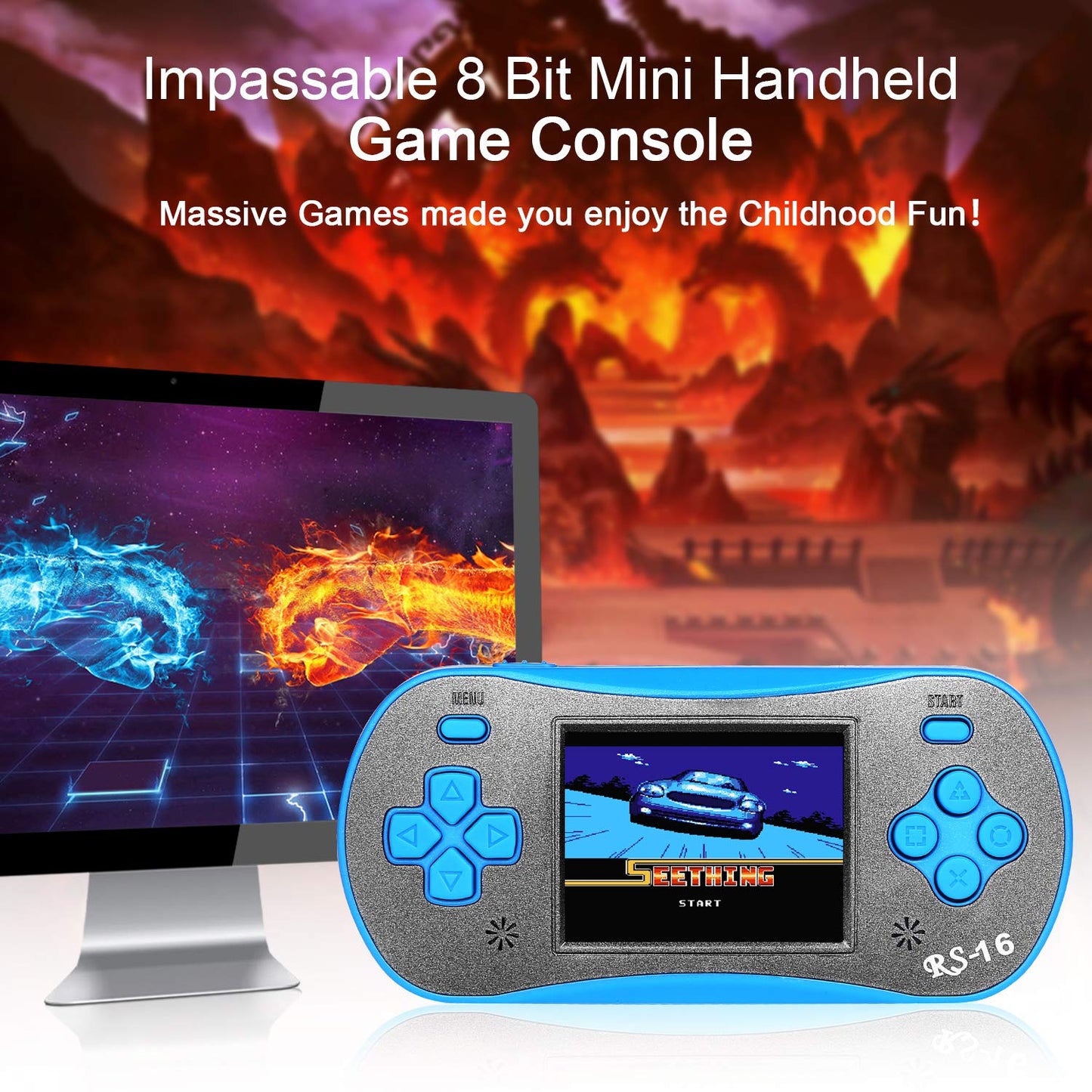 FAMILY POCKET Handheld Game Player for Kids Adults, RS16 Portable Classic Game Controller Built-in 260 Game 2.5 inch LCD Retro Arcade Video Game System Children's Birthday Gift-Blue