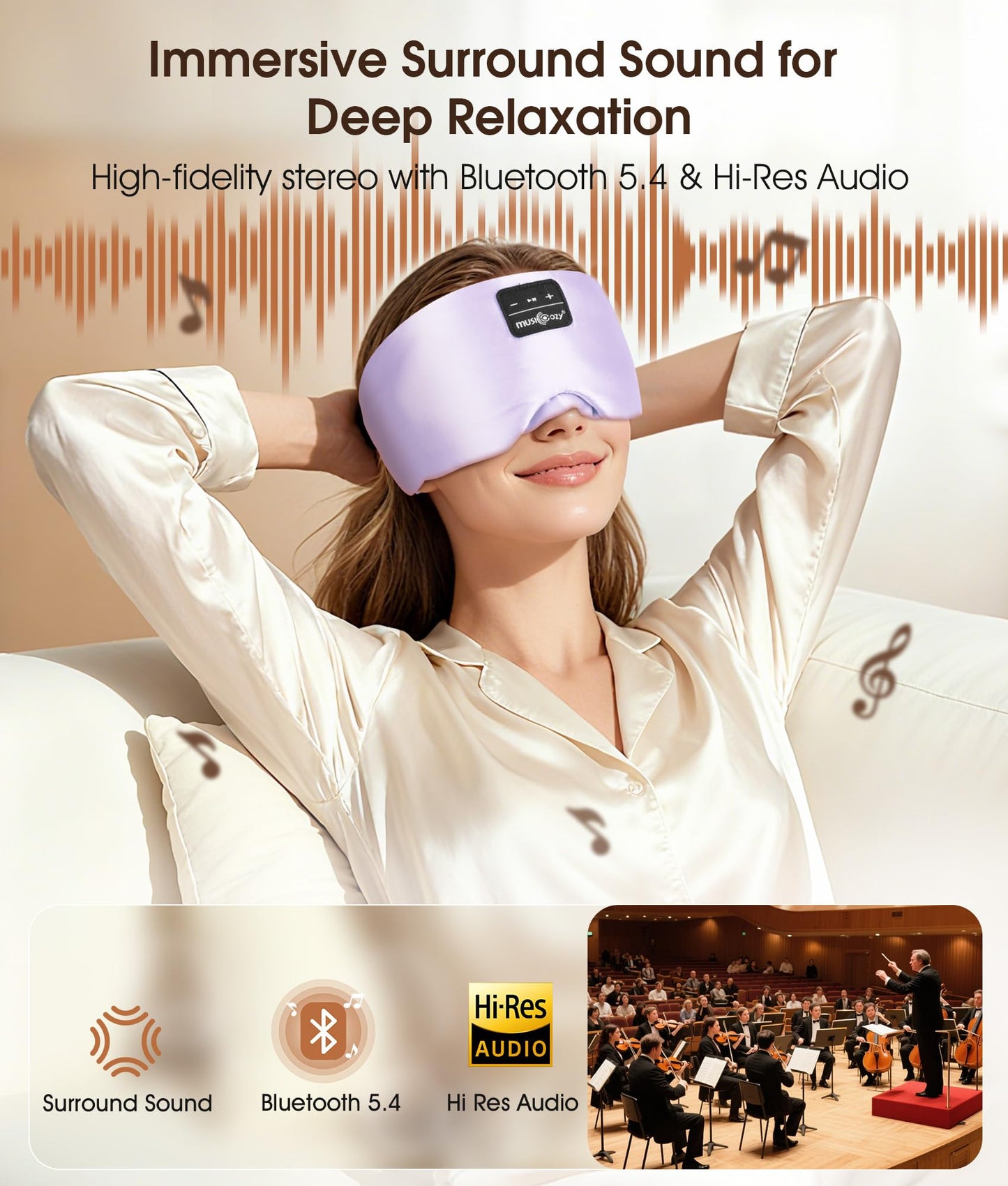 MUSICOZY 3D Silk Bluetooth Sleep Mask Headphones, Mulberry Silk Eye Mask with Ultra-Thin Wireless Speakers, Bluetooth 5.4 Sleeping Headphones for Side Sleepers, Music Sleep Mask Gifts for Men Women