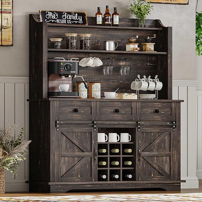 63 Inch Tall Coffee Bar Cabinet with 3-Tier, Kitchen Hutch with 3 Large Drawers, Farmhouse Coffee Bar with 9 Wine Racks & 3 Glass Holders, Wine Storage Cabinet for Living Dining Room, Oak