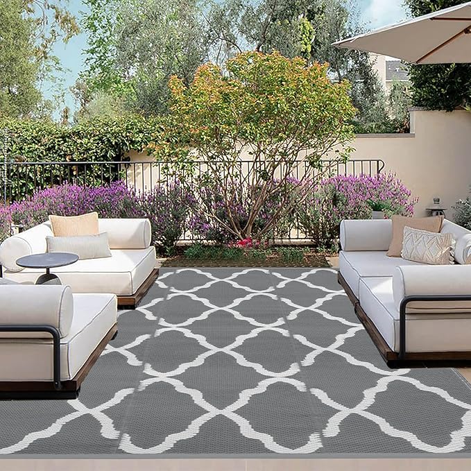OutdoorLines Outdoor Plastic Area Rugs for Patio 4x6 ft - Reversible Outside Carpet, Stain & UV Resistant RV Mats, Straw Rug for Patio, Camping, Porch and Balcony, Moroccan Grey & Light Grey