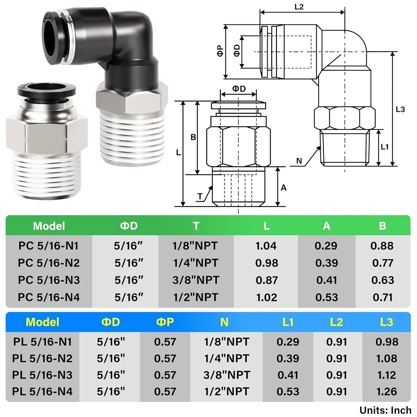 TAILONZ PNEUMATIC Elbow and Straight Combination 5/16 Inch Tube OD x 3/8 Inch NPT Thread Push to Connect Fittings PC-5/16-N3+PL-5/16-N3(Pack of 12)