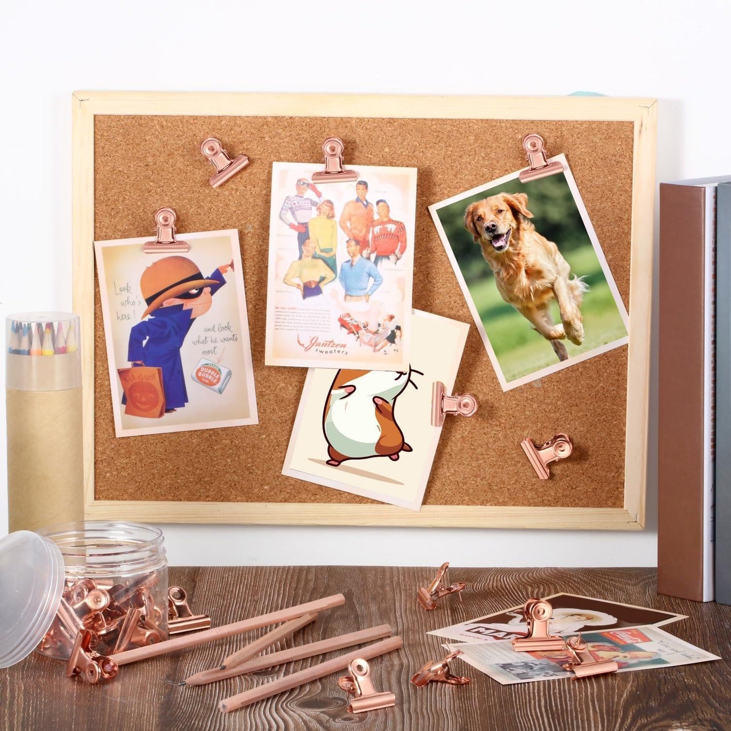 Outus 30 Pieces Push Pins Clips Thumb Tacks with Clips Cork Board Tacks for School Artworks Projects on Cork Photos Documents on Bulletin Board No Holes for The Paper(Rose Gold)