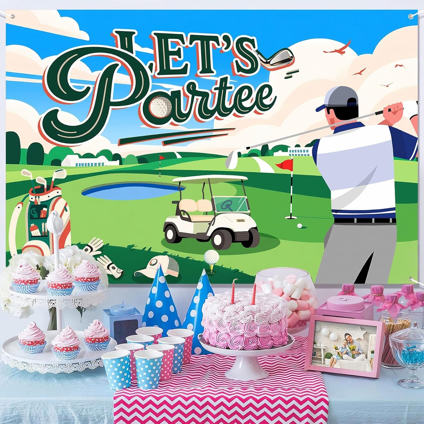 7x5ft Let's Partee Golf Theme for Birthday Backdrop Green Grass Club Sports Grounds Photo Background Adult Kids Golf Birthday Party Decorations Banner Photo Booth Studio Props