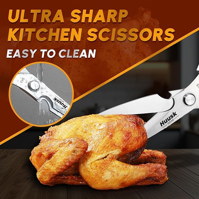 HUUSK Kitchen Scissors and Vegetable Peeler Set - Silver Stainless Steel Cooking Kitchen Shears for Food with Serrated Peeler, Heavy Duty Japanese Dishwasher Safe Meat Scissors, Christmas Gift for Men