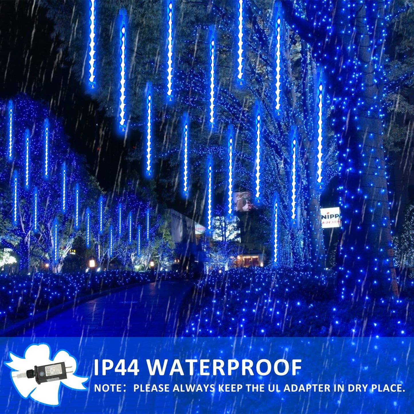 2-Pack Extendable Meteor Shower Christmas Lights Outdoor  16 Tubes 384 Leds Waterproof Falling Rain String Lights  Christmas String Lights Outdoor For Tree Garden Patio Holiday Decorations (Blue)