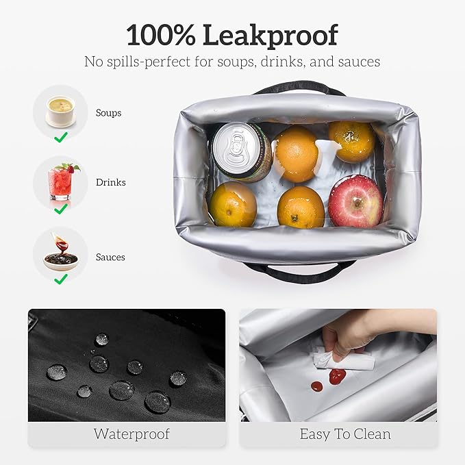 Lunch Bag Women Insulated Cute Lunch bags,Reusable Large Capacity Lunch Box, Leakproof Cooler Bag with Adjustable Shoulder Strap for Men Adult Work Office Picnic Travel Black