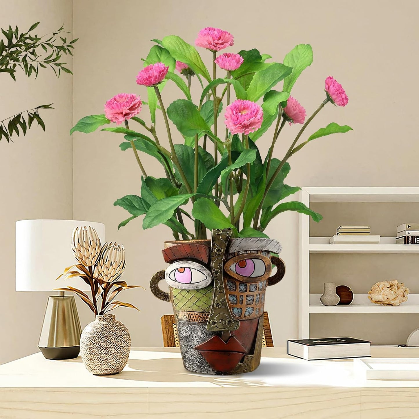 Brutalist Abstract Face Planters Pots Head, Unique Abstract Flower Pot, Funny Planters Decoration Flower Resin Face Flower Pot for Indoor and Outdoor Plants Colorful Funny Room Decor (Retro)
