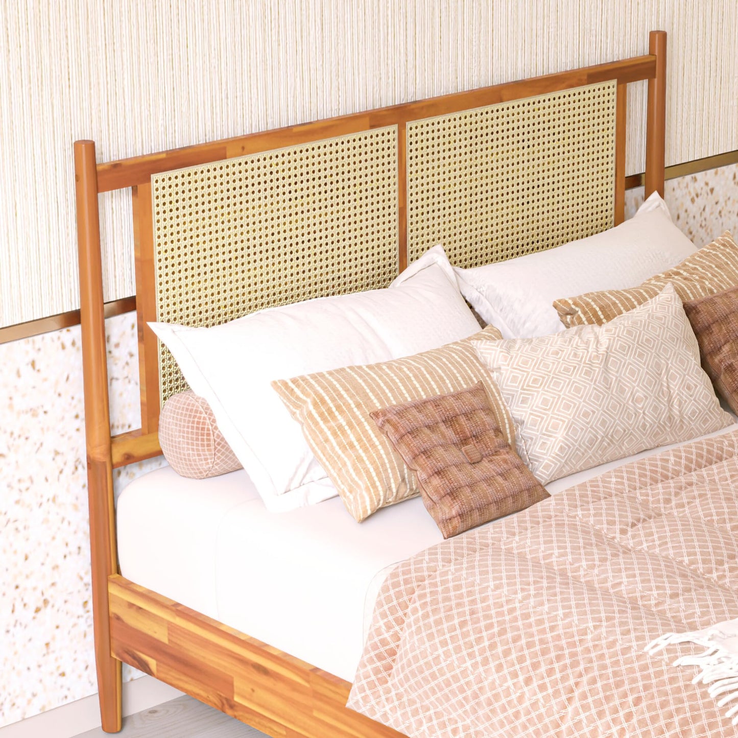 Bme Oliver Headboard Queen Size Bed Frame - 15-Inch Signature Design with Rattan Headboard, Bohemian and Mid Century Style, 12-Slat Wood Support, No Box Spring Needed - Easy Assembly, Caramel