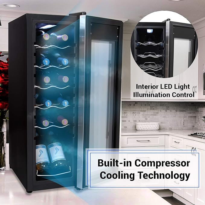 Nutrichef 12 Bottle Stainless Steel Slim Wine Fridge | Red & White Wine Chiller | Adjustable Temperature Control, Ultra Quiet Operation & Energy Efficient | Mini Wine Cooler Refrigerator | 31x10x17 IN