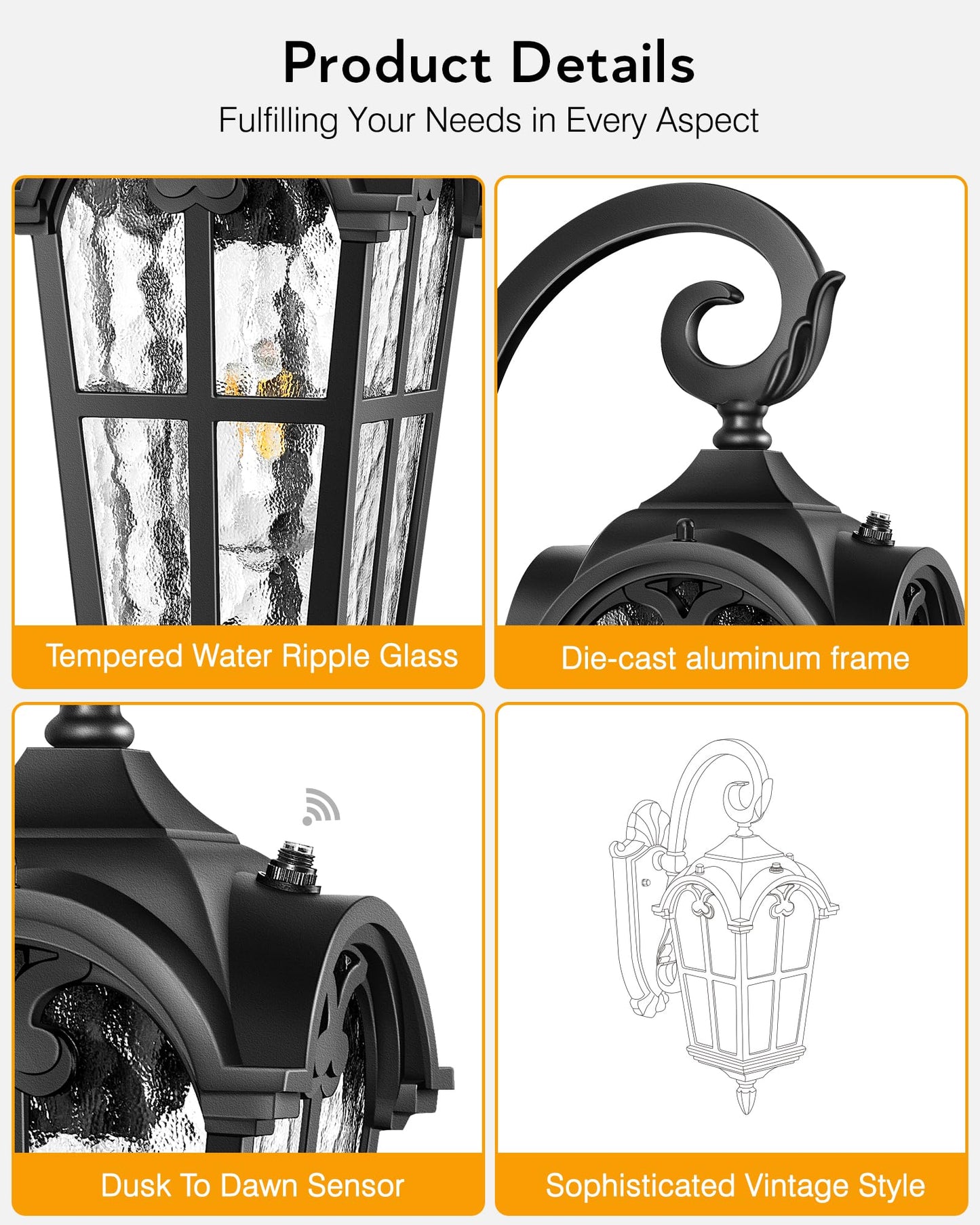 Vianis Black 2-Pack Outdoor Porch Lights  Dusk To Dawn Outdoor Lighting  Anti-Rust Waterproof Garage Light Wall Mount  Modern Patio Wall Sconce With Rippled Glass  Outside Lights For House  Entryway