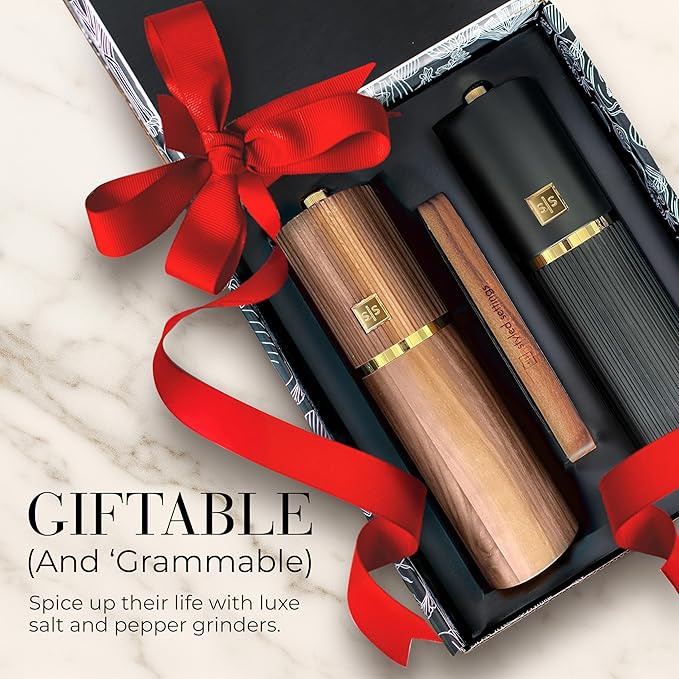 Wooden Salt and Pepper Grinder Set – Refillable Manual Salt and Pepper Mills with Adjustable Ceramic Burrs, Gold Detailing, and Acacia Wood Stand – Ideal Kitchen Gift