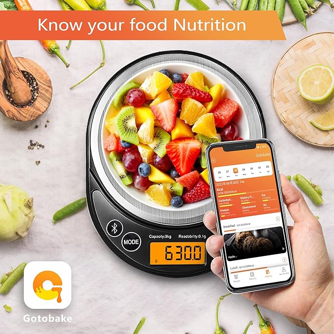 Smart Digital Food Scale Grams and Ounces, Kitchen Food Scale with Nutritional Calculator,Food Weight Scale for Weight Loss,Keto, Macro,Calorie,Cooking,Meal Prep 0.1g/3kg,6 Units,LCD Display