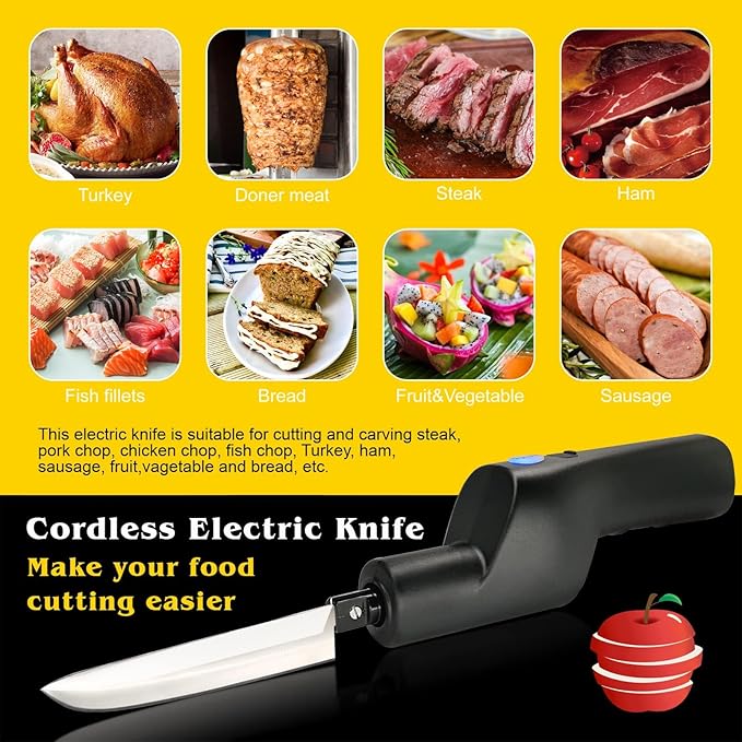 Cordless Electric Knife, Portable Rechargeable Knife with Safety Lock, Easy Slice and Assemble with Storage Case, Carving for Turkey, Meat, Poultry, Bread, Ribs, Fillet, Vegetables