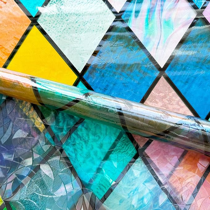 Colorful Stained Glass Window Film 3D Prism Sliding Door Privacy Covering Static Cling Church Tint Decorative Suncatcher Cover Decal No Glue Heat Cotrol Anti Glare Removable Home Office,35x157in.