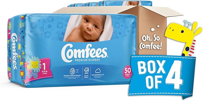 Comfees Premium Baby Diapers with Total Fit System for Boys & Girls, Size 1, 200Count, White (CMF-1)