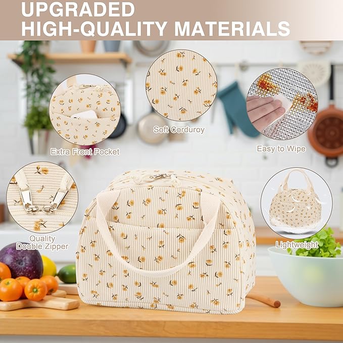 Lunch Bag - Insulated Lunch Box for Women, Reusable Large Capacity Cooler Bag for Adult, Small Leakproof Cute Corduroy Lunch Tote for Work Office Travel Picnic (Corduroy Chrysanthemum)