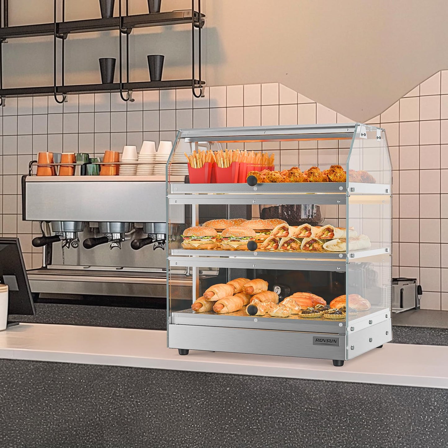 ROVSUN 3-Tier Food Warmer Pizza Warmer Countertop, Food Warmer Display Pretzel Warmer with LED Lighting Front and Rear Doors, Electric Catering Hot Box Acrylic for Buffet Restaurant Cafe