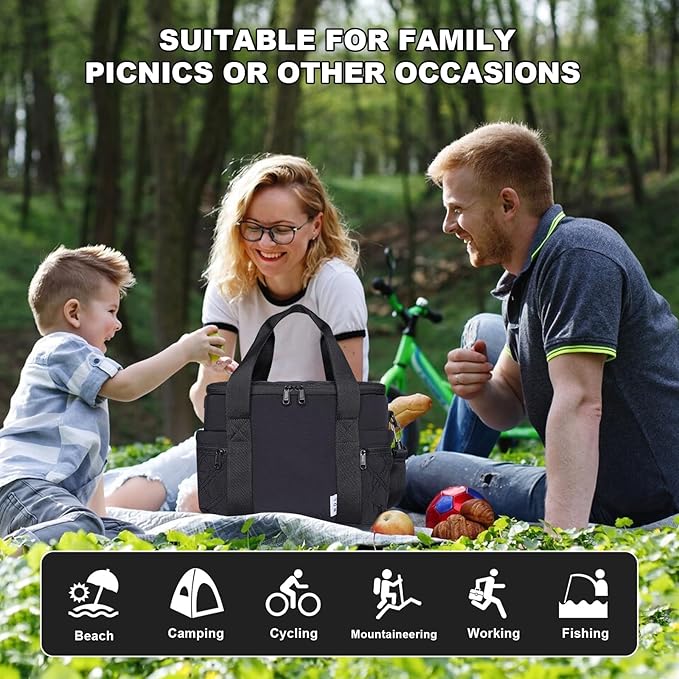 NOL Natural Organic Lifestyle Women's Nylon Lunch Cooler Cute Quilted Lunch Bag Large Leakproof Insulated Lunch Tote Bag for Work Picnic Travel,Black