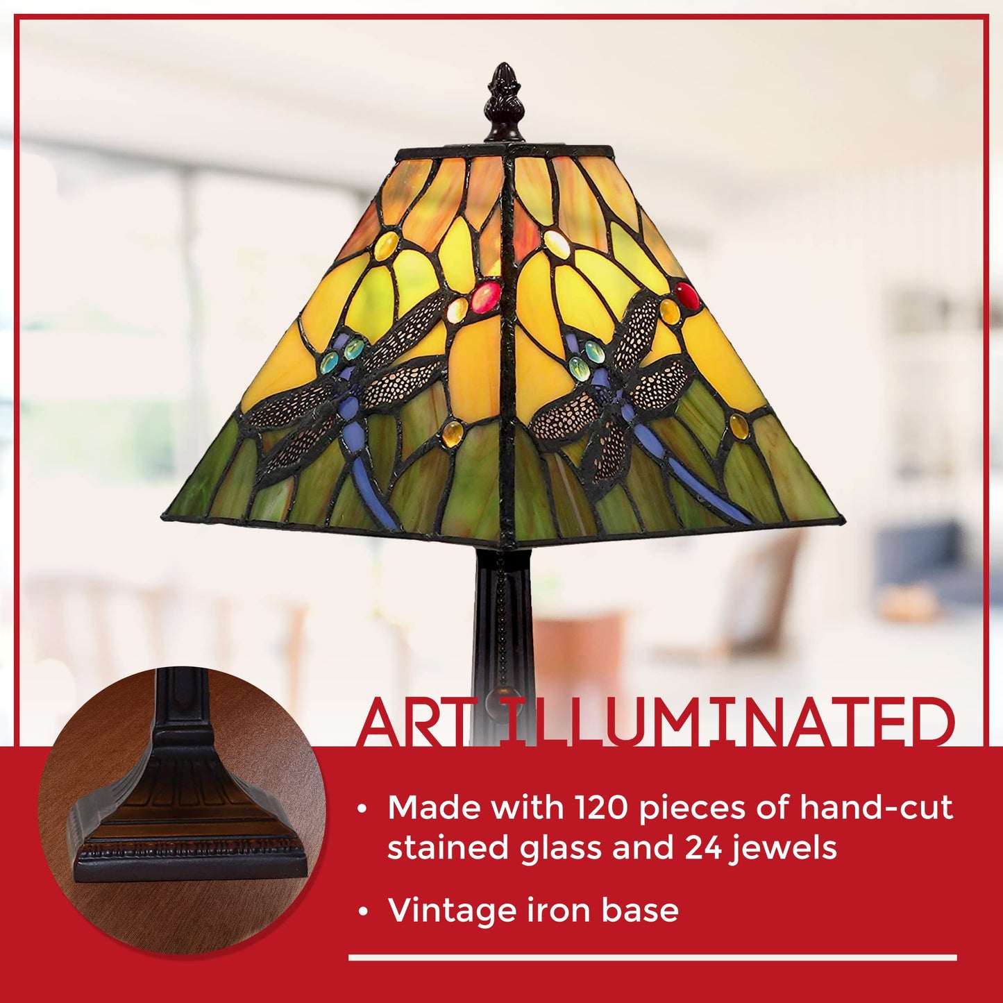 Amora Vintage Tiffany Table Lamp - Floral Blue Dragonfly Table Night Light - Yellow And Green Glass Nightstand Lamp - 15  Tall Stained Glass Lamp