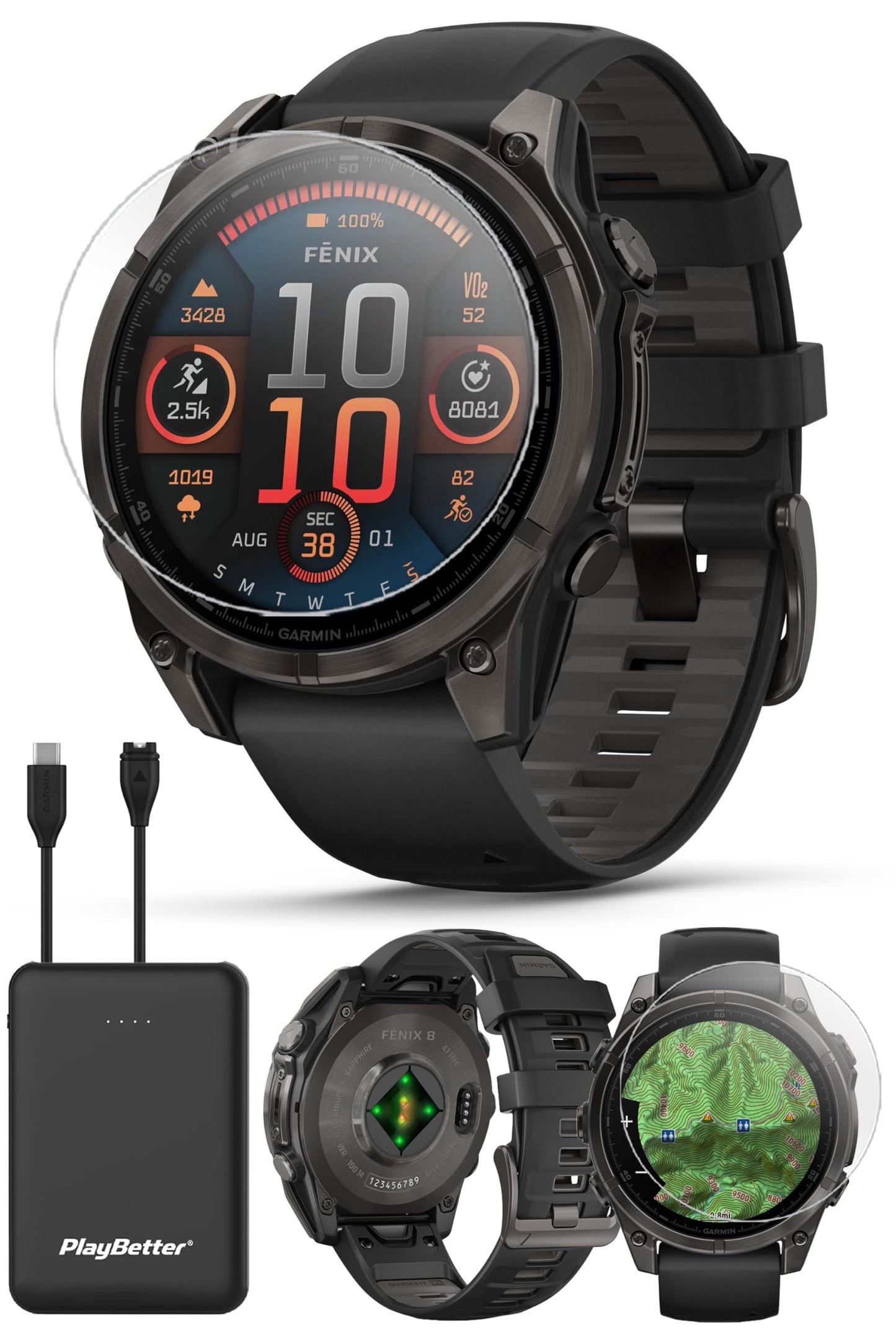 Playbetter Garmin Fenix 8 Amoled Sapphire (47Mm, Carbon Gray Dlc Titanium) Multisport Gps Smartwatch Bundle - 1.4    Touchscreen