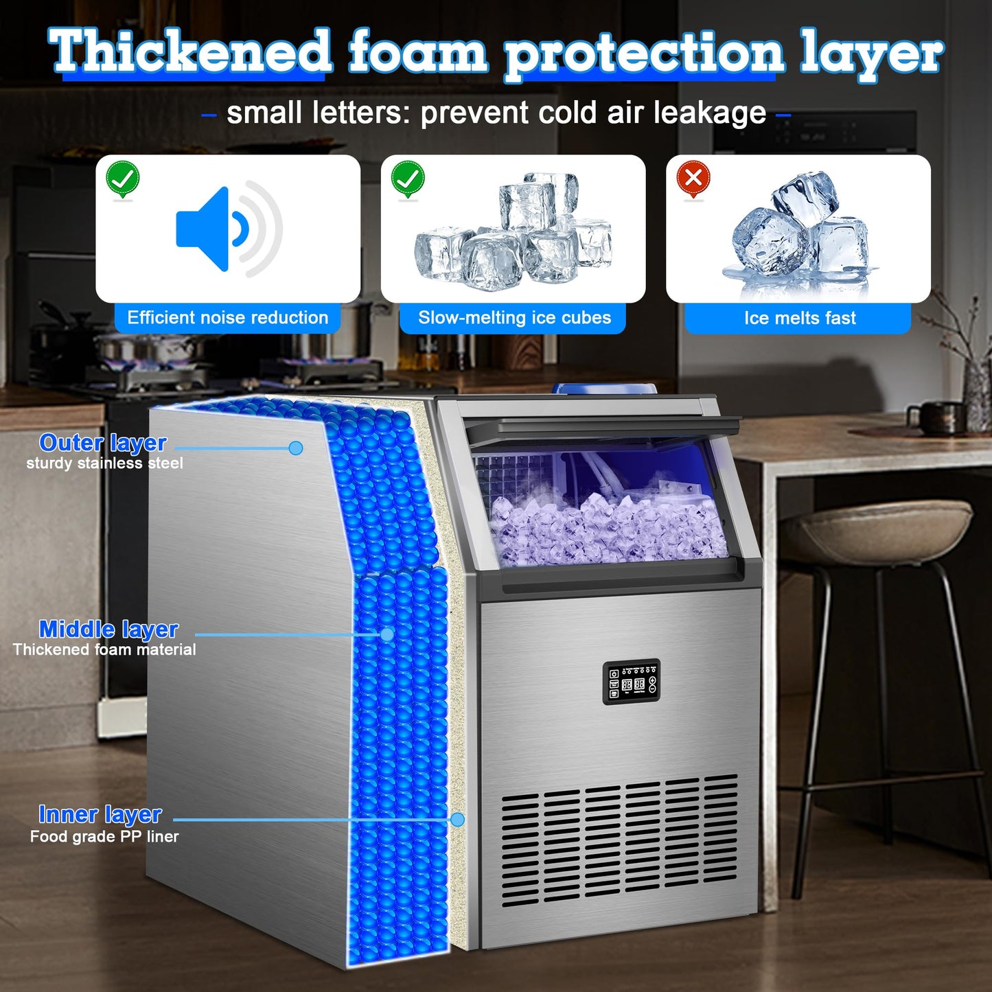 Ice Maker Commercial Ice Maker Machine 200lbs/24H with 34Lbs Storage, Stainless Steel Undercounter/Freestanding Ice Machine 2 Water Inlet Modes 55Ice/Cycle, Self-Cleaning for Homes Restaurants Bars