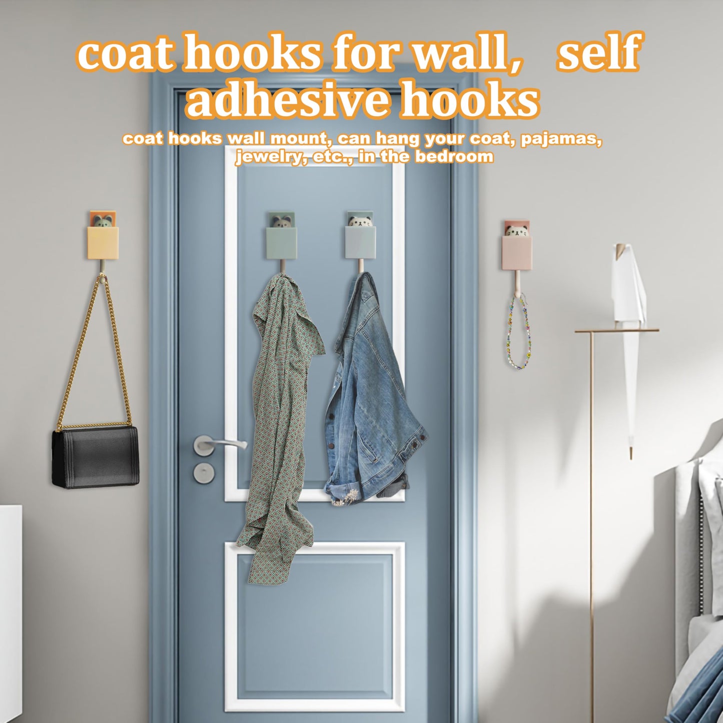 FUZSKWID 4Pcs Cute Self Adhesive Wall Hooks for Hanging -Max Load 10LB,Utility Heavy Duty Hook for Coat, Towel,Scarf, Hat, Robes,Key and Other Items,Creative Kawaii Room Decorative Cat Hook