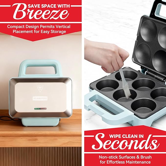 6-Count Cupcake Maker Machine, Bakes 6 X 2.5 Inch Cupcakes, Muffins, Pizza Cups, Cinnamon Buns, Cool-touch Handle, Non-stick Coating, Recipe Included, Aqua