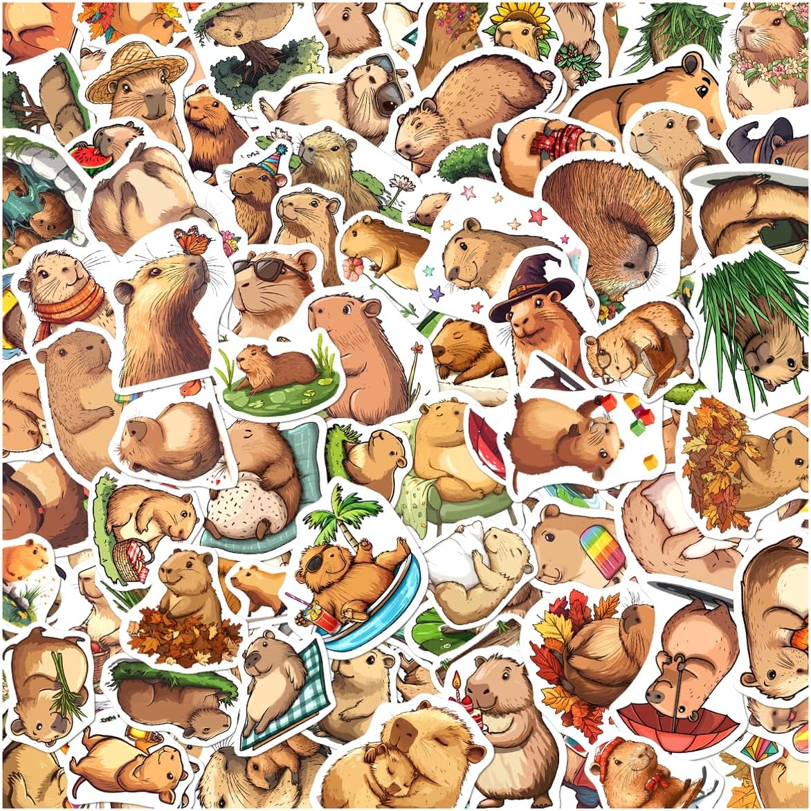 Capybara Vinyl Stickers Pack 108Pcs Cute Animal Aesthetic Cartoon Decals Waterproof for Laptop Water Bottle Skateboard Notebook Scrapbook Perfect Teens Adults Decor Wall