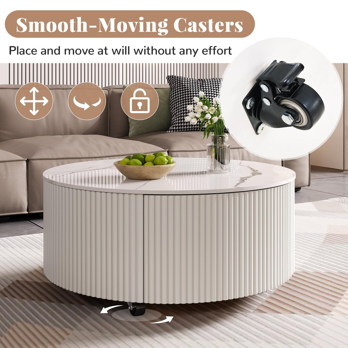 Merax Round Coffee Table for Living Room 29.5" Movable Accent Table with Casters and 2 Storage Drawers, Marble Pattern Sintered Stone Top, White