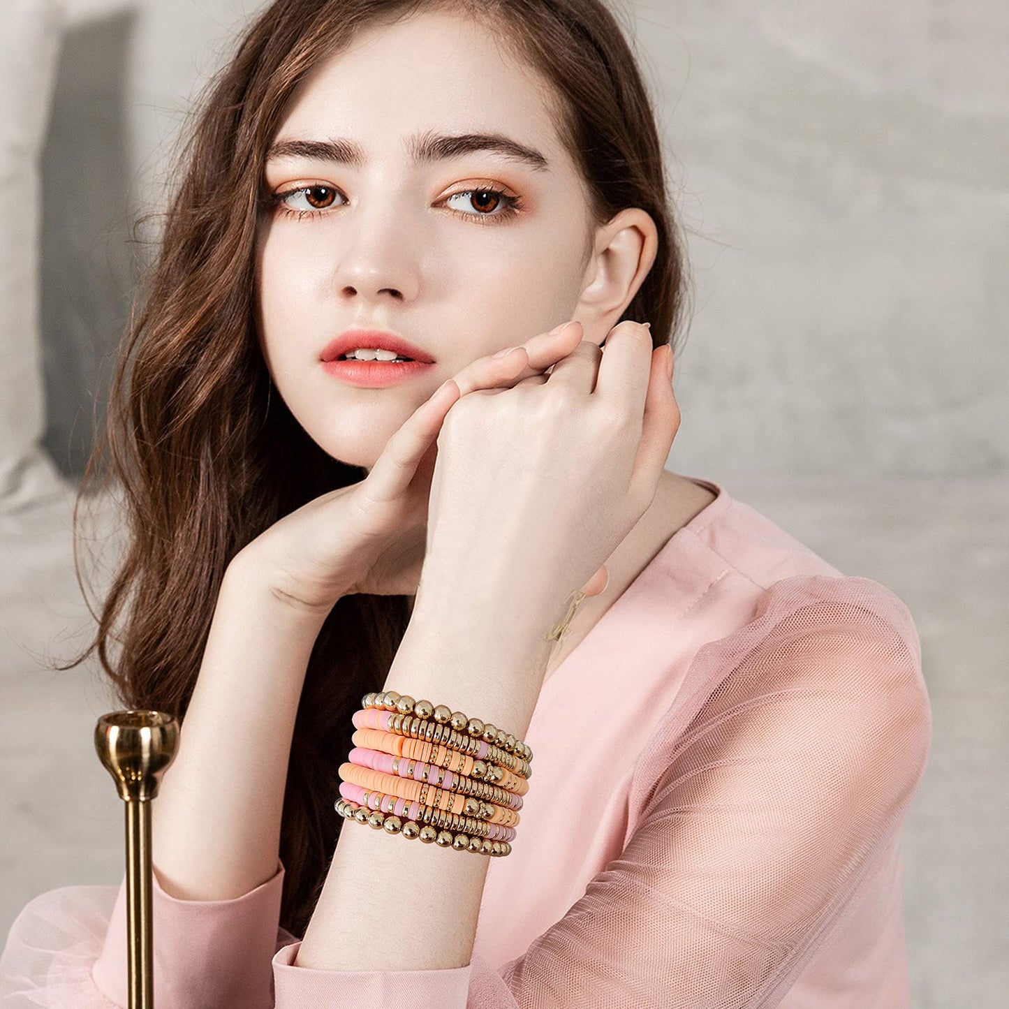 GOOJIDS Surfer Heishi Clay Bead Bracelets for Women Bohemian Stackable Gold Plated Beaded Stretch Bracelets Elastic Layering Fri