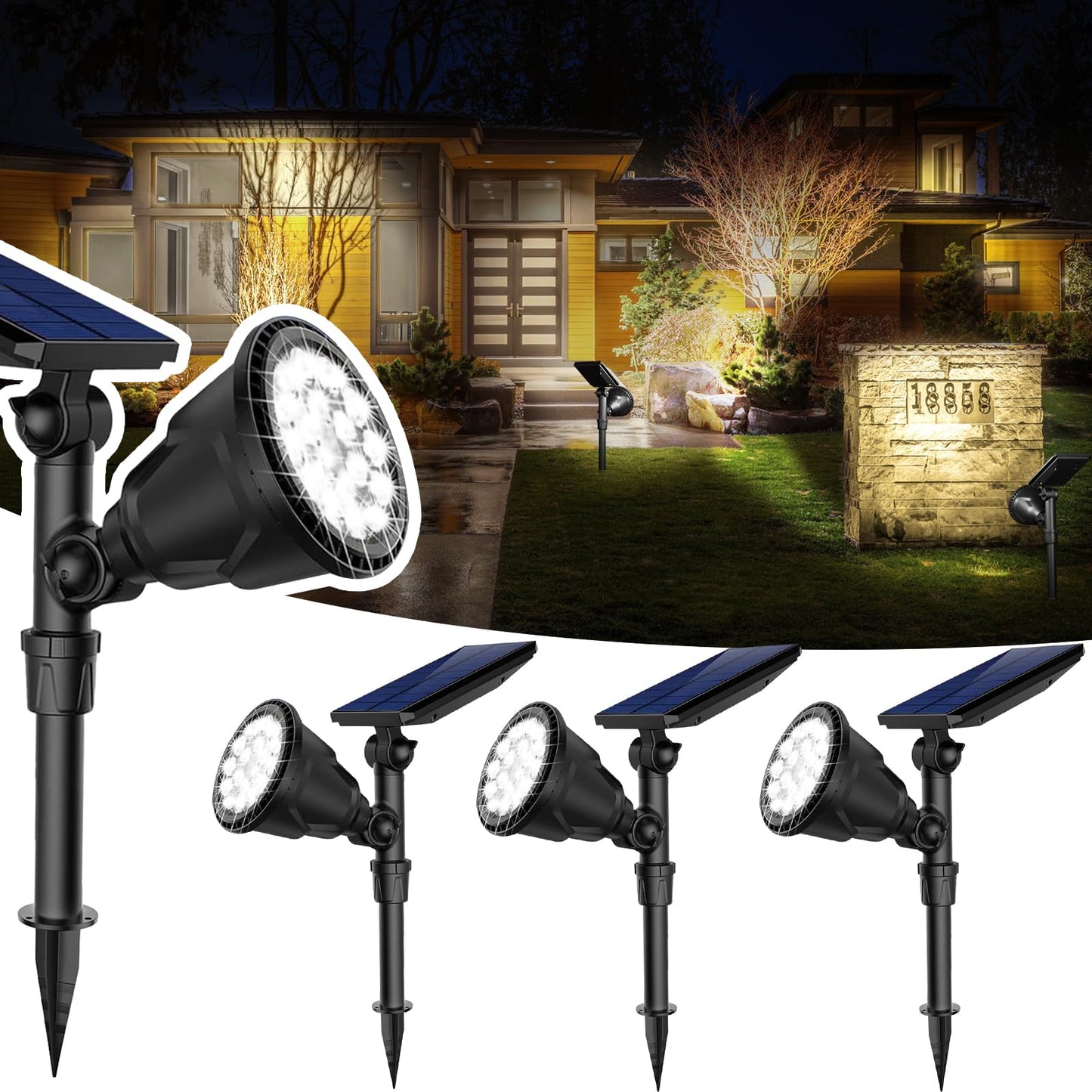 Jsot Solar Spotlights Outdoor, Ip65 Waterproof 600 Lm, 18 Led Beads, Cool White, 4 Pack, Model 6D-Cw For Garden And Pathway Lighting