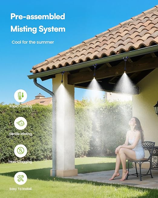 RAINPOINT Misters for Outside Patio - Upgraded 26FT(8M) Misting System Kit with Water Filter for Cooling Outdoor, 26FT Misting Line + 7 Mist Nozzles for Backyard Garden Porch Deck Greenhouse